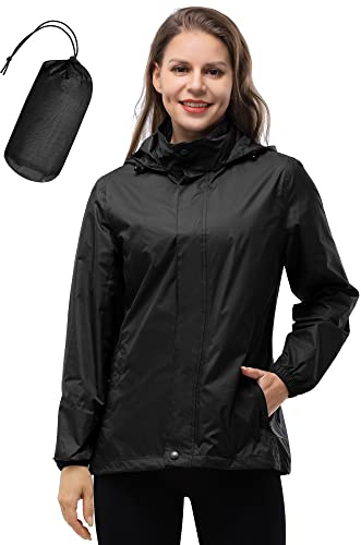 33,000ft Women's Lightweight Rain Jackets Hooded Breathable Packable Running Raincoats Active Trench Windbreaker with Hideaway Hood for Cycling Hiking (Black-XS/UK 08)