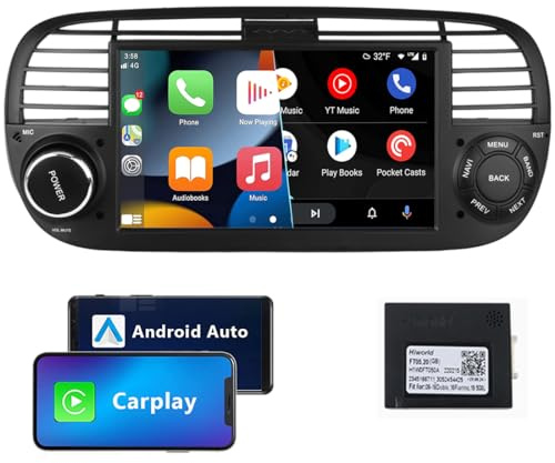 7 Android Car Stereo Multimedia Player Compatible for FIAT 500 2007-2014 with Wireless Android Auto Carplay GPS Sat Nav WiFi BT USB SWC RCA FM RDS Mirror Link Black