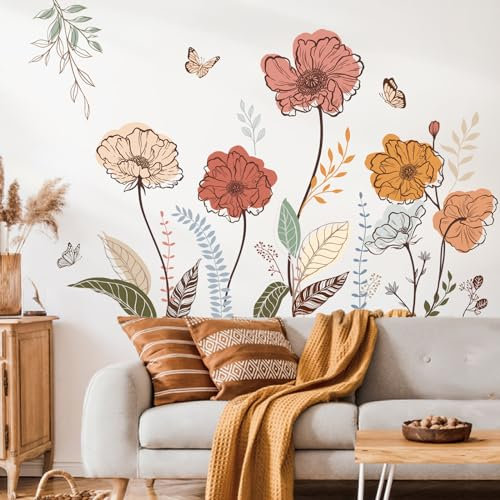 wondever Wandtattoo Boho Blumen Wandaufkleber Bunte Retro Blumen Gras Pflanzen Wandsticker Wanddeko für Wohnzimmer Schlafzimmer Sofa Hintergrund