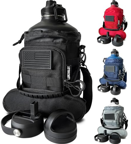 Botella de agua de 1 galón aislada – Jarra de agua de metal de acero inoxidable de 128 onzas con soporte, bolsa de transporte, asa de boquilla, tapas de pajilla, mantiene el frío y el calor, termo