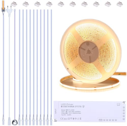 BENLUN 12V Tira LED COB Bajo Mueble Cocina Kit 10 Metri, Luz LED 3000K Blanco Cálido, Luces LED Adhesivas Recortable, con Dimmer y Fuente de Alimentación para Vitrina, Armario, Estanteria