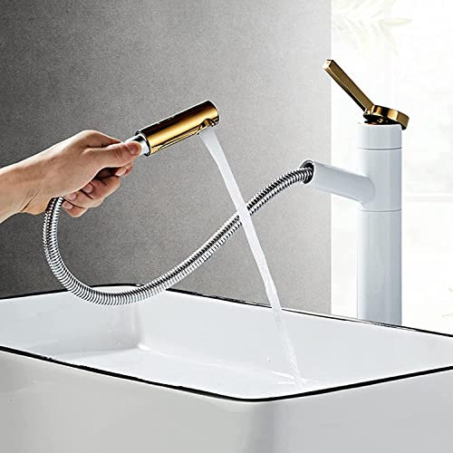Wasserhahn Bad für Waschbecken Ausziehbar Einhebelmischer mit Ausziehbar Brause 360° Schwenkbar Weiß + Gold Hoch Armatur für Waschbecken Badezimmer Badarmatur Waschbeckenarmatur