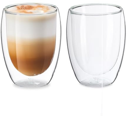 Relaxdays Bicchieri in Vetro a Parete Doppia, Set da 2, per Acqua, caffè, Latte Macchiato, Tazze da 350 ml, Trasparenti