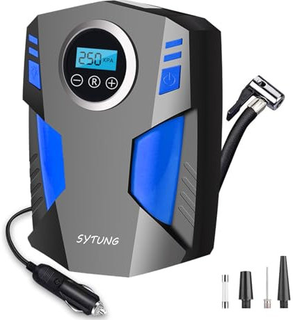 SYTUNG Digital Tyre Inflator, Portable Air Compressor Car Tyre Pump with 3 Nozzle Adaptors and Digital LED Light, 12V Rapid Electric Car Tyre Inflator Air Pump for Tires and Other Inflatables
