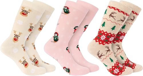 BRUBAKER 3 Par Julsockor - Roliga Strumpor för Damer och Herrar med Julmotiv - Renar och Pingviner - Beige och Rosa - Bomull - Julklapp - EU 35-40