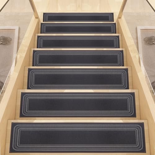 DUOLEH Stair Treads Carpet, Safety Stair Mats for Wooden Steps, Self-Adhesive Stair Pads for Staircase Decoration, Washable Indoor Stair Runners Step Protection Rug (76x20cm,7PCS,Black)