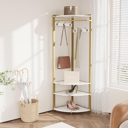 Garderobenständer Ecke, Eckgarderobe Metall mit 6 Doppelhaken/ Aufbewahrungsregal/ Schuhregal Offene Kleiderständer Flurregal Platzsparend Industrial Design für Flur Wohnzimmer Schlafzimmer Büro Gold