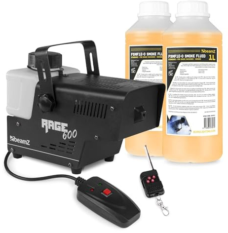 BeamZ RAGE600 Mini Nebelmaschine mit Flüssigkeit, 2 Liter inkl., 600 Watt Fogger, 2x Fernbedienung, Smoke Machine mit 2L Tank, Fog Machine, Nebelmaschine Halloween für Party, Hochzeit, Events