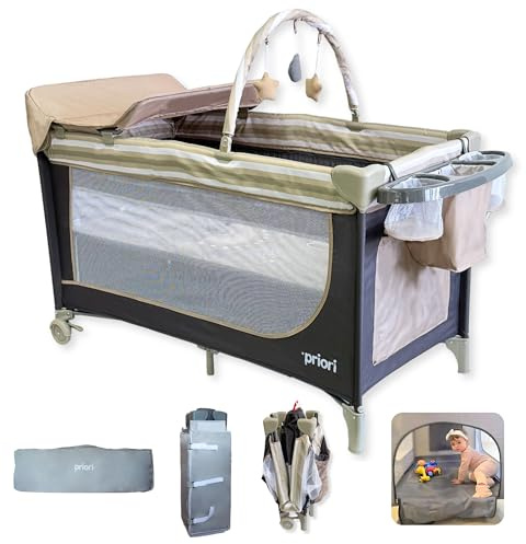 Priori Baby Nauta Cuna de Viaje Plegable 5 en 1 para Bebé – Portátil, Parque, Cambiador, Gimnasio y Organizador – Malla Transpirable Ruedas con Freno Bolsa de Transporte – 0-3 Años Hasta 15 kg (Beige)