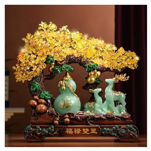 Feng Shui Money Tree Lucky Calabash Citrine Crystal Tree - Prosperity Gourd and Deer Figurines for Wealth Attraction, Feng Shui Decorative Piece for Home or Office Crystal Bonsai Tree(Green,Small)
