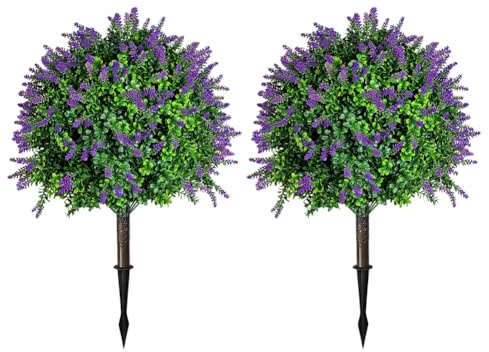 JOYWU Set of 2 Artificial Lavender Topiary Ball Trees for Outdoor with Ground Spike 73cm, UV Resistant Faux Greenery Shrubs Bushes,Fake Lavender Boxwood Plants for Garden Yard Porch Patio Decor (73cm)