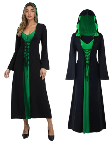 JDFAIJEAL Costume da strega vintage, da vampiro, con cappuccio, da donna, stile rinascimentale, medievale, Halloween, carnevale, costume retrò con cappuccio (nero e verde, S)