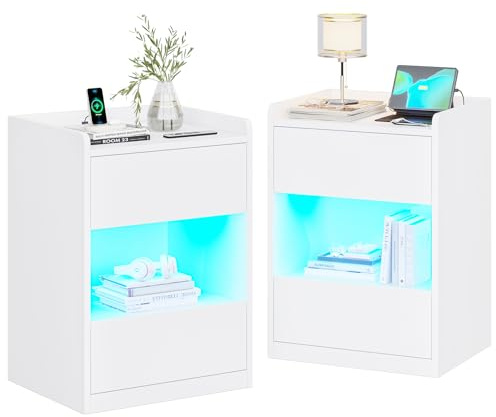 Comodini Camera da Letto Set di 2 con Stazione di Ricarica e Luci LED, Tavolino con 2 Cassetti e 1 Ripiano Aperto, 2 Prese AC, 2 Porte USB, Tavolino Moderno per Soggiorno, Camera da Letto, Bianco