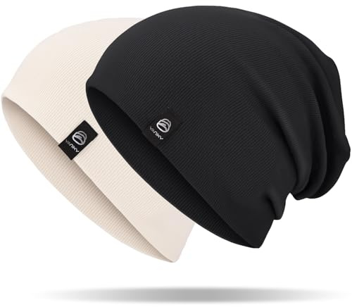 YANIKY Gorro para mujer, Gorro de punto ligero para hombre, Sombrero de algodón suave y cómodo, Unisex Gorro con caída largo para todas las estaciones, negro y blanco, Talla única
