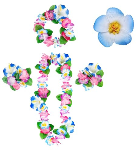 LUMOOM 5 Stück Hawaii Blumenkette, Blume Haarschmuck, Hawaii Kette Blumen Set, mit Haarband Stirnband Armbänder Haarclips, Kostüm Damen Zubehör, für Hawaii Strand Party Deko (C)