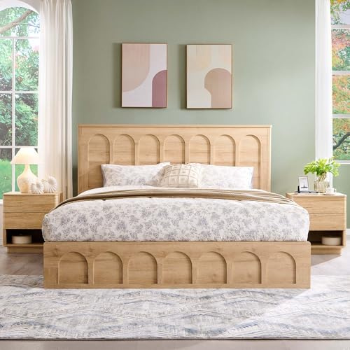 ACCOHOHO King Size Bed Frame Modern with 52 Tall Arched Recessed Headboard and 4 Drawers, Solid Wood Slats Support, Wood Platform, Noise Free, No Box Spring Needed, Natural Oak