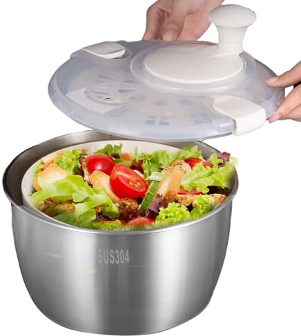 Centrifuga per insalata grande, centrifuga per insalata, in acciaio inox, con manico girevole, per lavare e asciugare verdure, frutta, preparazione di alimenti da cucina, lavabile in lavastoviglie