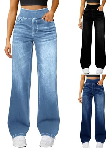 High Waisted Jeans Women – Wide Leg Jeans for Women Uk – Pull On Stretch Comfy Palazzo Trousers Casual Denim Pants with Pockets Tummy Control Baggy Trendy Straight Denim Trousers for Everyday Wear