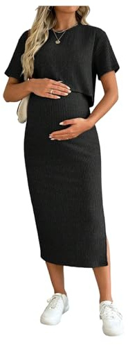 SHENHE Women's Maternity Ribbed 2 Piece Outfits Short Sleeve Crop Top Bodycon Slit Midi Skirt Set Black A Large