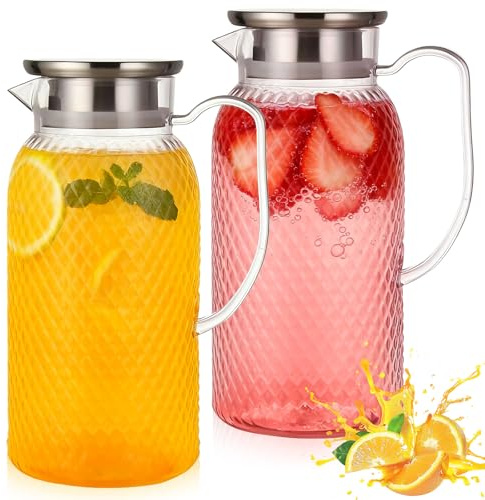 2 Stück Kunststoff Krug mit Deckel, 1.8 Liter Wasserkrug für Kühlschrank, Auslaufsicherer Auslauf, Transparente Kühlschrankkrug, Getränkekrug für Saft, Sangria, Limonade, Eistee, Kaffee, Milch