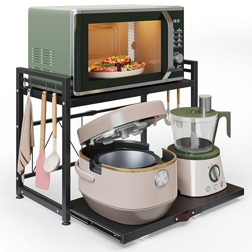 NETEL Erweiterbares Mikrowellen Regal mit schublade,2 stufig küchenregal | Regal küchen organizer für Backofen,kaffeemaschine&aufbewahrung,Robuster Kohlenstoffstahl,8 Haken,2 stufig,Schwarz