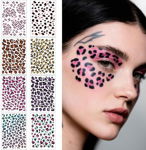 Dermalyx 16 Blätter Leopardenmuster Temporäre Tattoos für Damen Wasserdichte Tierdruck Tattoo Aufkleber für Körper Gesicht und Nägel Tiger Gepard Makeup Deko
