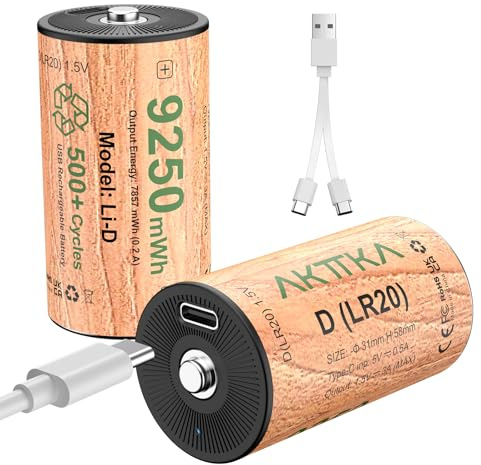 AKTTKA Pilas D Recargables de Litio (2 Unidades) | 9250 mWh, Carga Rápida USB-C, 1.5V de Voltaje Constante | para Camping, Juguetes, Linternas y Electrodomésticos