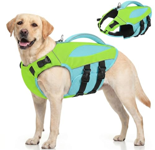 AOFITEE Hundeschwimmweste Große Hunde, Hoher Auftrieb Schwimmweste Hund L mit Rettungsgrif, Leicht Sicher Dog Life Jacket Hund Rettungsweste Reflektierend Hundeweste Schwimmen für Wassersport, Grün, L