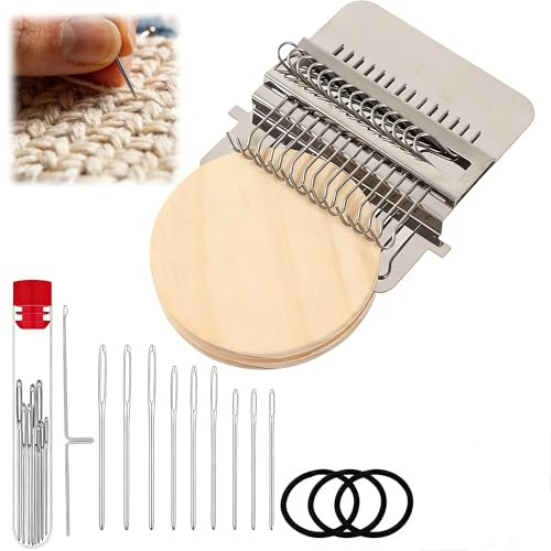 BRTNUP Mini telar de zurcido, telar de punto y máquina de tejer de madera de 14 ganchos para reparar jeans y calcetines sin esfuerzo, kit completo de herramientas para tejer y manualidades (sin hilo