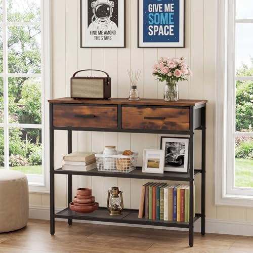 Panana Slim Console Table, Hallway Table with 2 Non-woven Drawers, 3-Tier Sofa Table with Storage for Small Spaces, Living Room, Office, L75xW24xH76.5cm,Rustic Brown