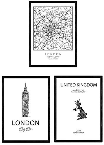 Nacnic Pack de posters de paises y monumentos. Mapa ciudad Londres United Kingdom y monumentos A. Tamaño A4