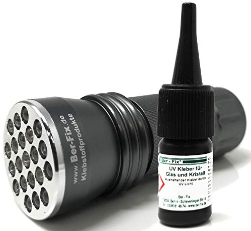 Ber-Fix Colla UV con set di lampade per vetro e vetro metallico, 3 g, bassa viscosità + 21 torcia LED UV 395 nm
