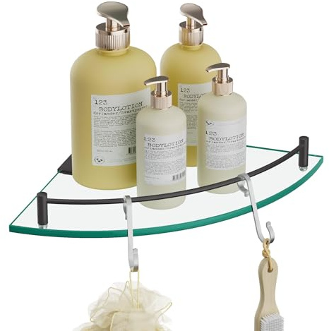 KES Glasregal Duschregal Duschablage Regal Glas Badezimmer Wandregal SUS304 Edelstahl 7MM Badregal Dusche Ablage Ecke Wandmontage Matt Schwarz, BGS2101A-BK | mit 18/8 Edelstahl Haken, 7MM Hartglas, Matt Schwarz, Für Dusche und Badezimmer, BGS2101A-BK