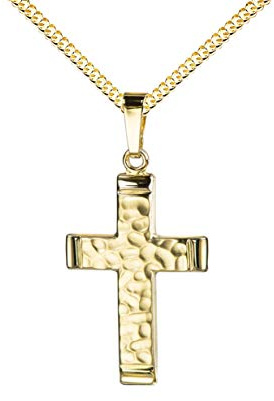 JEVELION Anhänger-Kreuz in markanter Hammerschlag-Optik Goldkreuz für Damen, Herren und Kinder als Kettenanhänger 333 Gold 8 Karat mit Panzer-Kette + Schmuck-Etui