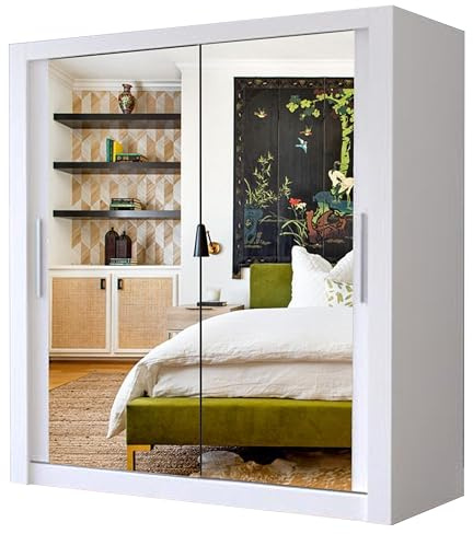 A.C. Milan Modern Double Mirror sliding door wardrobe with LED Light Width 100cm/120cm/150cm/180cm/203cm/250cm (203, White)