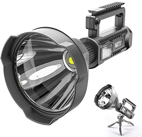 POCKETMAN Super Bright Torch Searchlight Handheld Portable LED Spotlight USB Rechargeable Camping Flashlight with Foldable Tripod for Hiking Camping Fishing