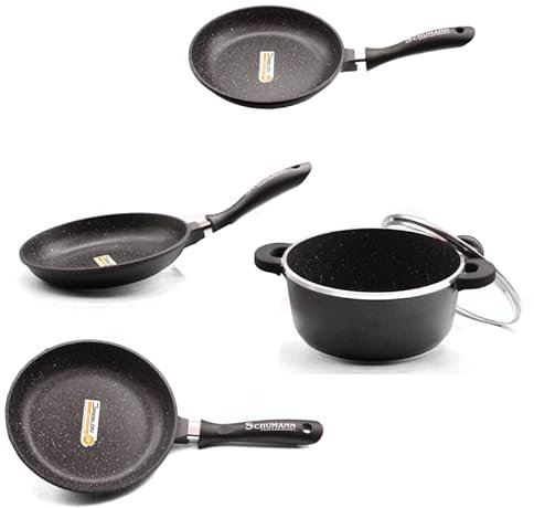 Schumann Professional – Juego de 3 sartenes – Olla de 28 cm – Compatible con todo tipo de fuego, incluida la inducción, hierro fundido de aluminio sin PFOA, con mangas fijas y asas de silicona, con