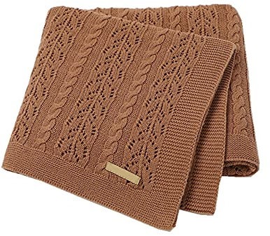 Surwin Strickdecke Babydecke Kuscheldecke Baumwolle, Mädchen und Jungen Babys Gestrickt Kinderdecke Freien Krabbeldecke Perfekt für Kinderwagen Babybett (80x100cm,Hellbraun)