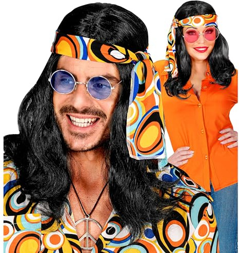 W WIDMANN MILANO Party Fashion - 70er Jahre Hippie Perücke | Lange Haare mit buntem Stirnband, für Flower-Power- und Retro Kostüme, Karneval, Festivals