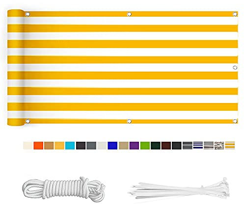 HERILIOS Balkon Sichtschutz, Balkonabdeckung 220 g/m² Innen Balkonverkleidung UV-Schutz (210Größen&21Farben) mit Ösen Kabelbinder und Kordel für Balkongeländer Terrasse,50X500CM Gelb-weiß gestreift