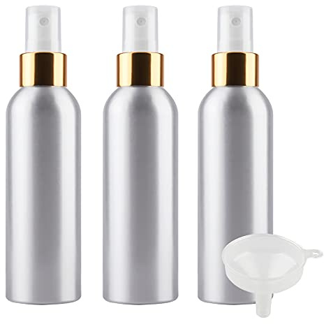 TIANZD 3 Piezas Pequeño 150 ml botella de spray pulverizador Botella de Aluminio Plata con Bomba en Blanco/Oro Niebla Fina Atomizador para Perfume Viaje Artículos de Agua Cosmético con Embudo