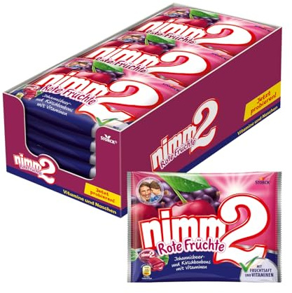 nimm2 Rote Früchte, Kirsch- & Johannisbeer-Fruchtbonbons - 20 x 240 g | Gefüllte Bonbons in 2 beerigen Sorten mit Fruchtsaft & Vitaminen, einzeln verpackte Süßigkeit, zum Naschen & Teilen