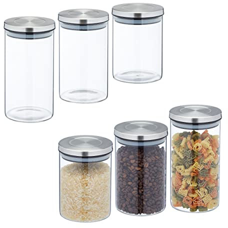 Relaxdays Lot de 6 bocaux en Verre avec Couvercle INOX, Bocal Conservation, 3 Tailles, hermétique, Transparent/argenté