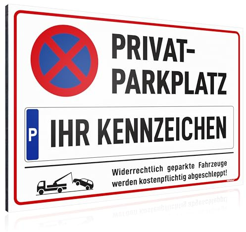 PRINTINO® Privatparkplatz Schild mit Wunschtext, Parkplatzschild aus Alu mit Namen oder Kennzeichen selbst gestalten - Alu-Verbund 30x20 cm 3mm stark, widerrechtliches Parken verboten Hinweis
