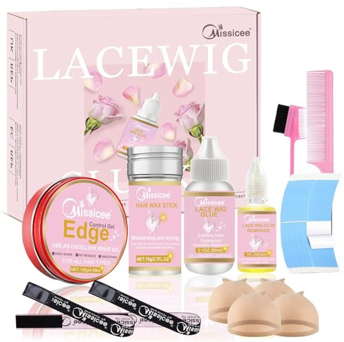 Missicee Wig Glue Kit - Strong Hold Lace Front Wig Adhesive with Remover, Hair Wax Stick, Edge Control Gel, Elastic Band