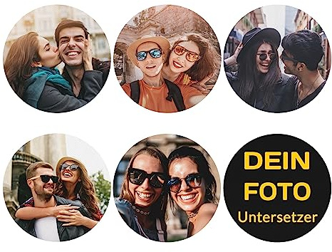 Personalisierte Foto-Untersetzer aus PVC-Leder, Bierdeckel mit eigenem Bild und Text, Abwaschbare Getränkeuntersetzer Selbst Gestalten, Geschenk für Geburtstag Hochzeit Familie (Rund, 6er Set)