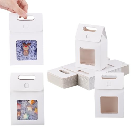 GOMAKERER 28 Stück Papier-Geschenktüten, 15x9.8x5.8cm Weiße Papiertüten Mit Transparentem Fenster, Blumenstraußbeutel Mit Griffen, Wiederverwendbare Beutel Für Muttertag, Hochzeit, Party, Jahrestag