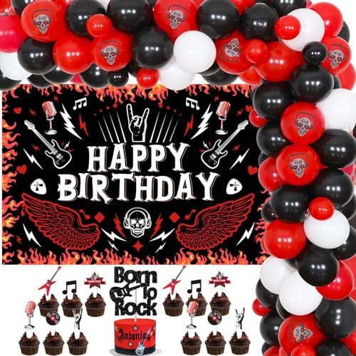 Rock and Roll Geburtstagsdekorationen, Musik Happy Birthday Hintergrund Rot Schwarz und Weiß Luftballons Arch Born to Rock Cake Cupcake Topper für Rock Mottoparty