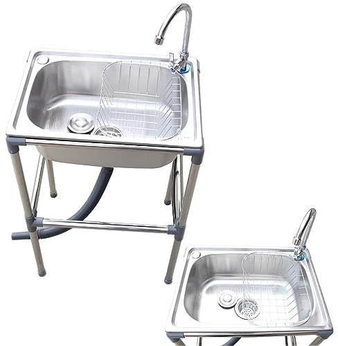 HCZION Außen Spülbecken Kleine Küchenspüle Freistehende Ausgussbecken Mit Wasserhahn, Edelstahl Einzelspüle, Einfache Spüle Für Hinterhof Garage Restaurant (Color : Cold+Hot, Size : 60x45cm/23.6x17.