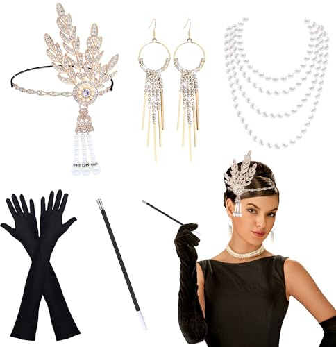 HCSSZ 20er Jahre Kostüm Accessoires Damen,1920er Flapper Great Gatsby Accessoires Set mit Stirnband, Armband, Spitzenfächer, Handschuhen, Halskette,Ohrringe für Karneval Halloween